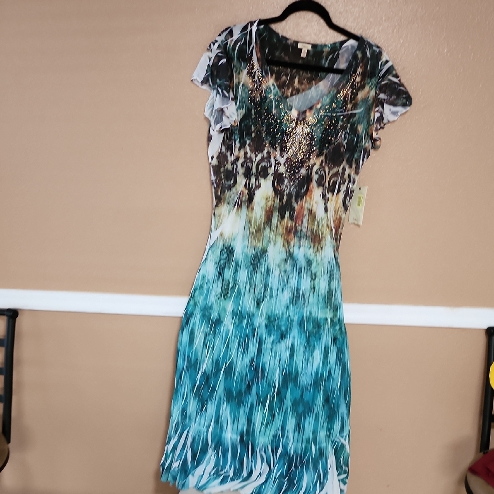 NWT Reba Asymmetrical Green and Brown Sundress with Flutter Sleeves